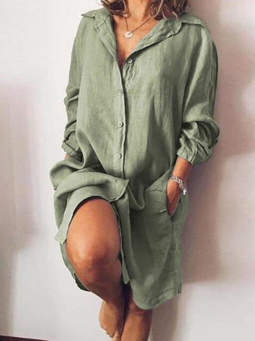 Women's Casual Pure Color Cotton Shirt Dress - Image 8