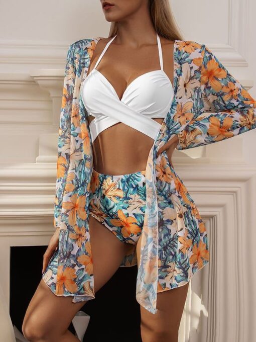 Sexy printed three-piece bikini sunscreen swimsuit cover-up