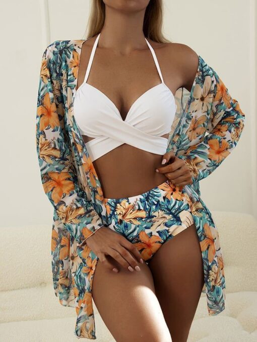 Sexy printed three-piece bikini sunscreen swimsuit cover-up - Image 3