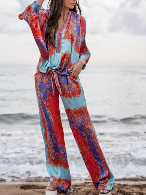 Bohemian Print Long-Sleeve Top Relaxed Straight-Leg Two-Piece Set - Image 2