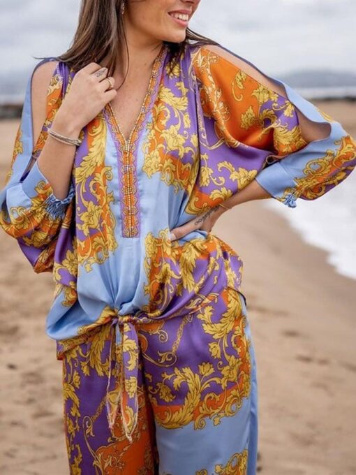 Bohemian Print Long-Sleeve Top Relaxed Straight-Leg Two-Piece Set - Image 3