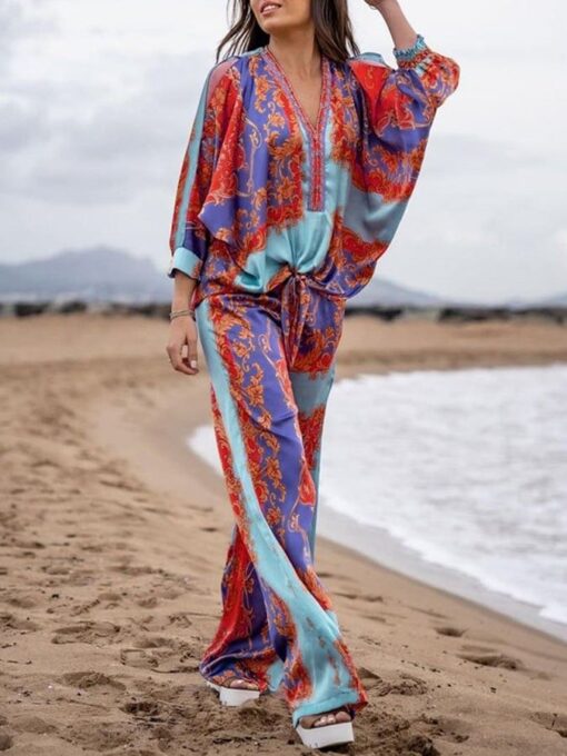 Bohemian Print Long-Sleeve Top Relaxed Straight-Leg Two-Piece Set - Image 4