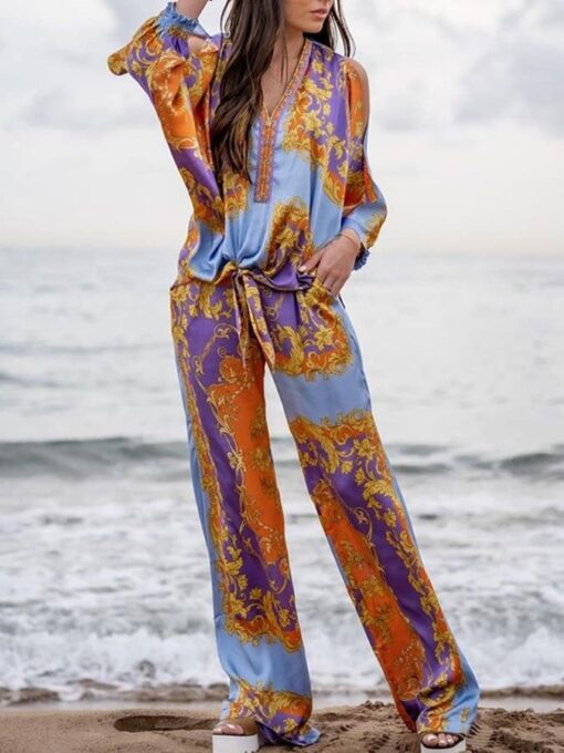 Bohemian Print Long-Sleeve Top Relaxed Straight-Leg Two-Piece Set