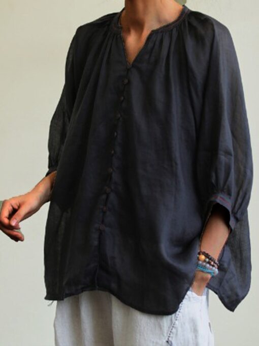 Women's Cotton Linen V-Neck Long Sleeve Shirt - Image 2