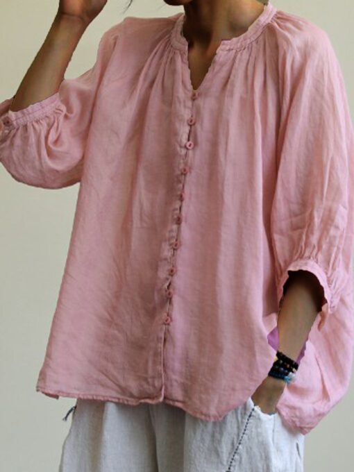 Women's Cotton Linen V-Neck Long Sleeve Shirt - Image 3