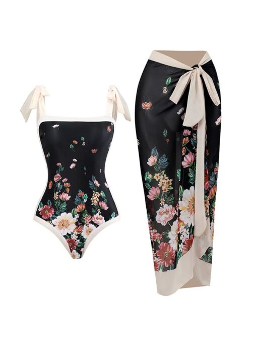 Women's Vintage Floral Print One-Piece Swimsuit Set