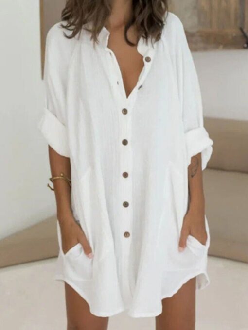 Women's Cotton Linen Breasted Mid Length Loose Shirt - Image 3