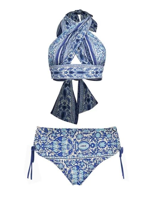 Women's Vintage Blue Halter Print Bikini Swimsuit - Image 2