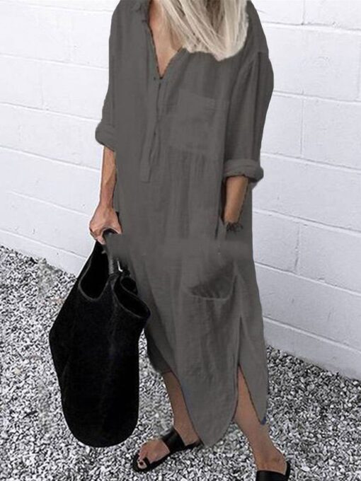 Women's Casual Pure Color Cotton Shirt Dress - Image 5