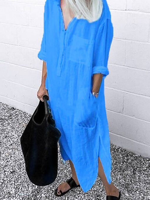 Women's Casual Pure Color Cotton Shirt Dress - Image 4