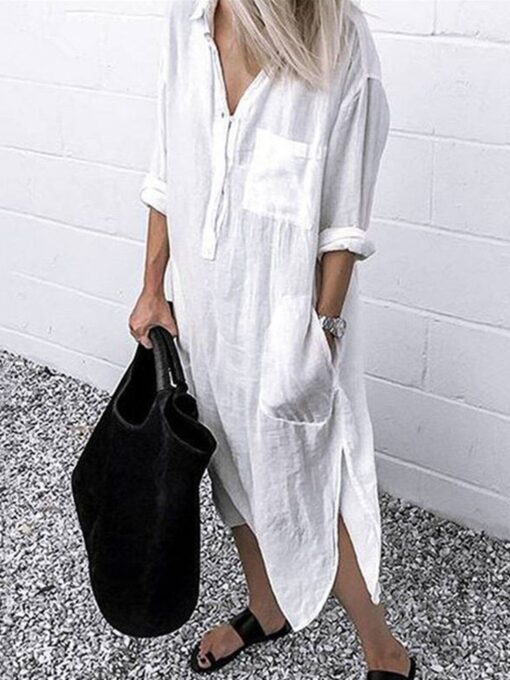 Women's Casual Pure Color Cotton Shirt Dress - Image 8