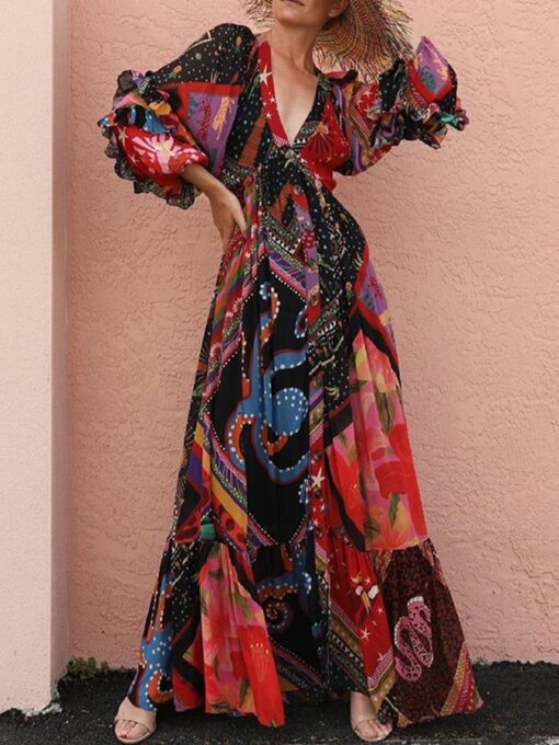 Printed long-sleeved V-neck large swing irregular dress - Image 3