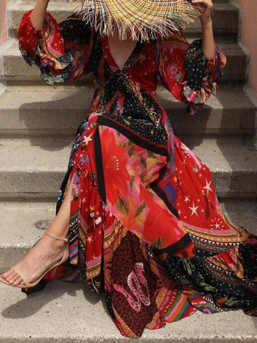 Printed long-sleeved V-neck large swing irregular dress - Image 2