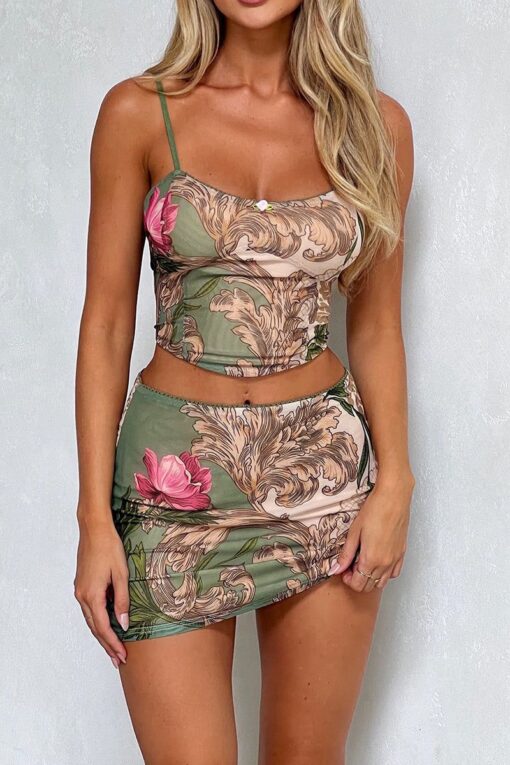 Lotus Floral Print Cami Crop Top Bodycon Mini Skirt Matching Set Pre Order - Image 3