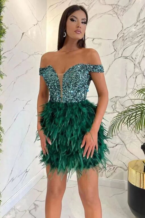 Off Shoulder Rhinestone Feather Garden Party Mini Dresses - Image 2