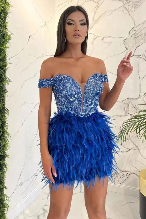 Off Shoulder Rhinestone Feather Garden Party Mini Dresses - Image 6