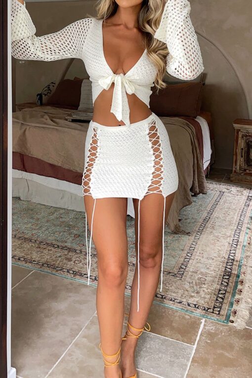 V Neck Crochet Knotted Long Sleeve Top Lace Up Mini Skirt Matching Set Pre Order