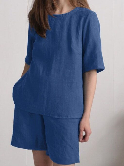 Casual Solid Color Short Sleeve Cotton And Linen Suit - Image 2