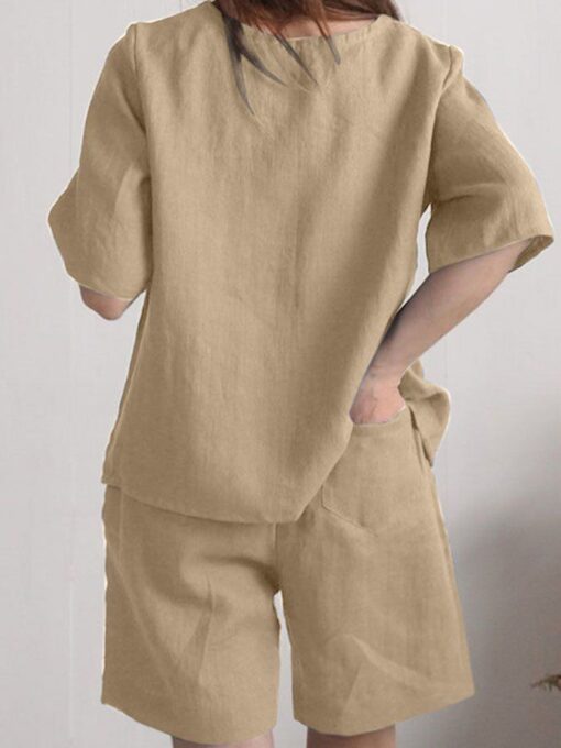 Casual Solid Color Short Sleeve Cotton And Linen Suit - Image 6