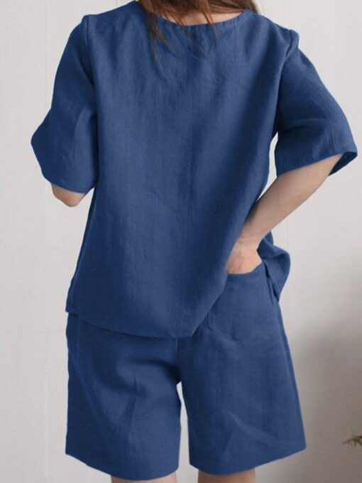 Casual Solid Color Short Sleeve Cotton And Linen Suit - Image 7