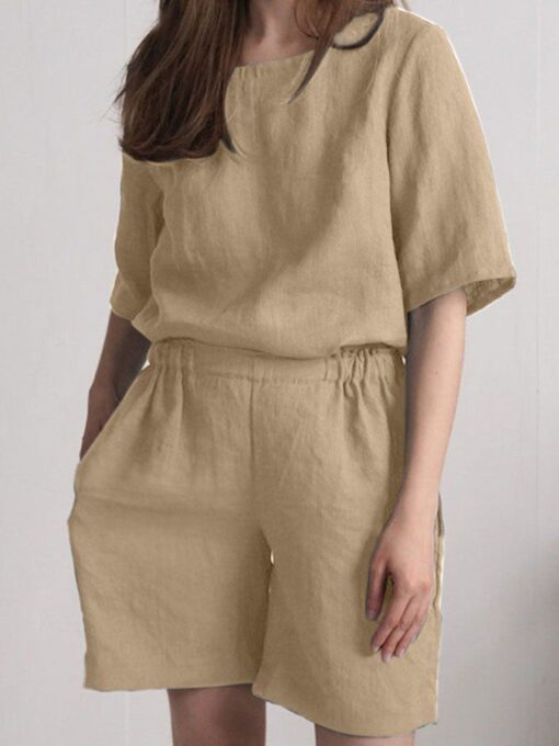 Casual Solid Color Short Sleeve Cotton And Linen Suit - Image 5