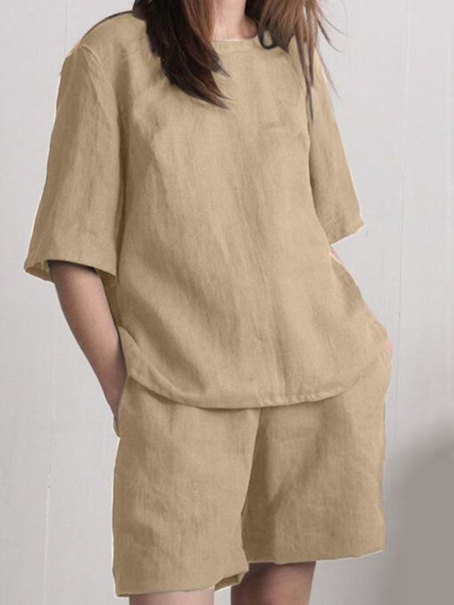 Casual Solid Color Short Sleeve Cotton And Linen Suit - Image 9