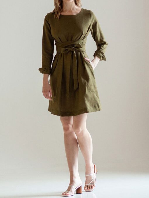 "Selena" Linen Khaki Green Linen Mini Dress - Image 2