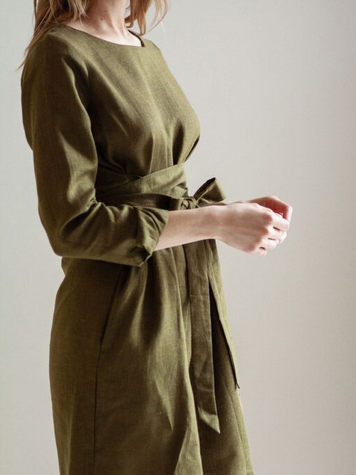 "Selena" Linen Khaki Green Linen Mini Dress - Image 3