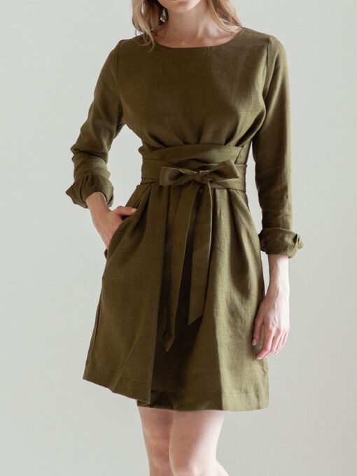 "Selena" Linen Khaki Green Linen Mini Dress - Image 6