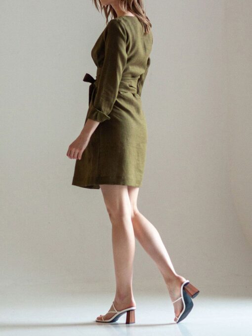 "Selena" Linen Khaki Green Linen Mini Dress - Image 5