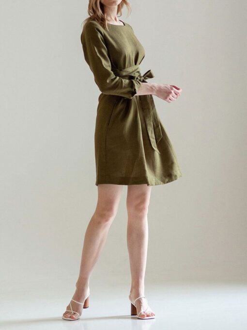 "Selena" Linen Khaki Green Linen Mini Dress - Image 4