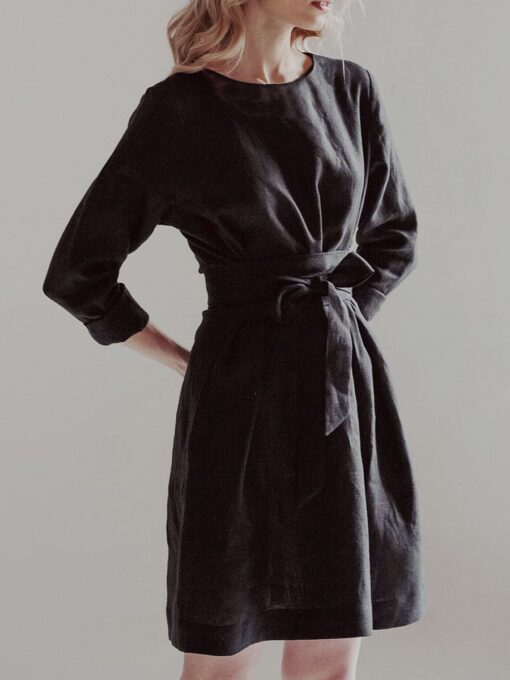 "Selena" Linen Long Sleeve Black Linen Dress - Image 2