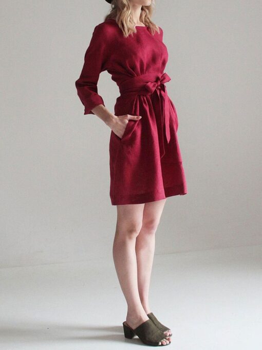 "Selena" Linen Long Sleeve Burgundy Mini Dress - Image 2