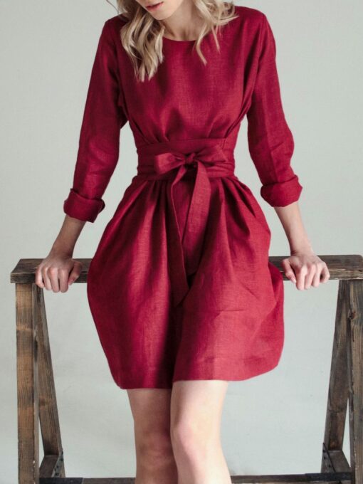 "Selena" Linen Long Sleeve Burgundy Mini Dress