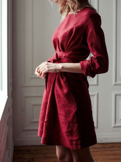 "Selena" Linen Long Sleeve Burgundy Mini Dress - Image 3