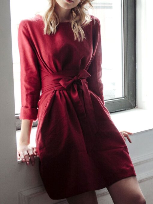 "Selena" Linen Long Sleeve Burgundy Mini Dress - Image 5