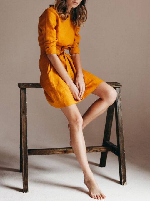 "Selena" Linen Mustard Yellow Mini Dress - Image 2