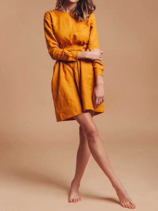 "Selena" Linen Mustard Yellow Mini Dress - Image 3