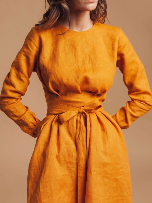 "Selena" Linen Mustard Yellow Mini Dress - Image 6