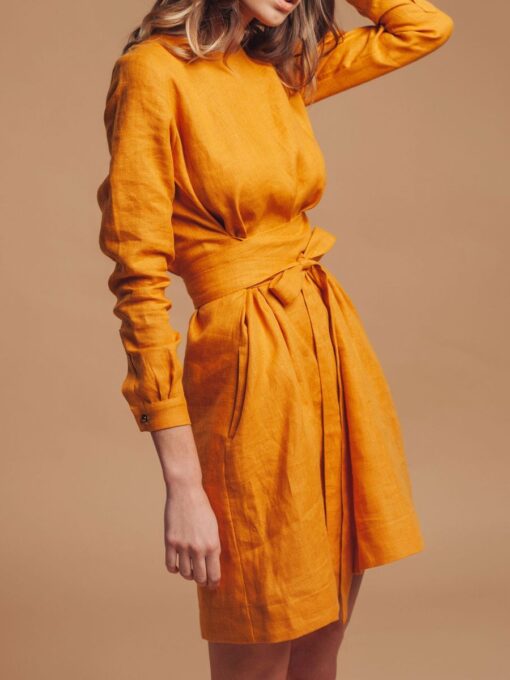 "Selena" Linen Mustard Yellow Mini Dress - Image 5