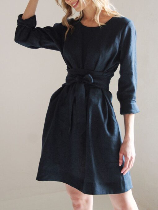 "Selena" Linen Navy Blue Mini Dress