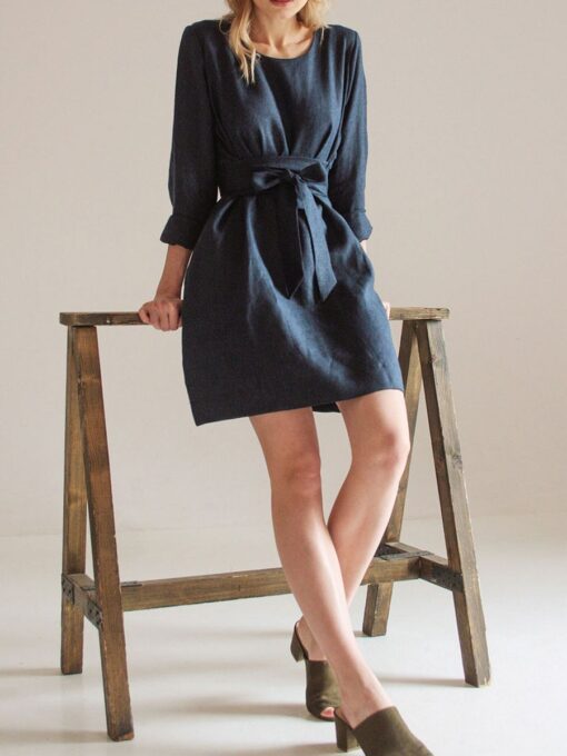 "Selena" Linen Navy Blue Mini Dress - Image 2