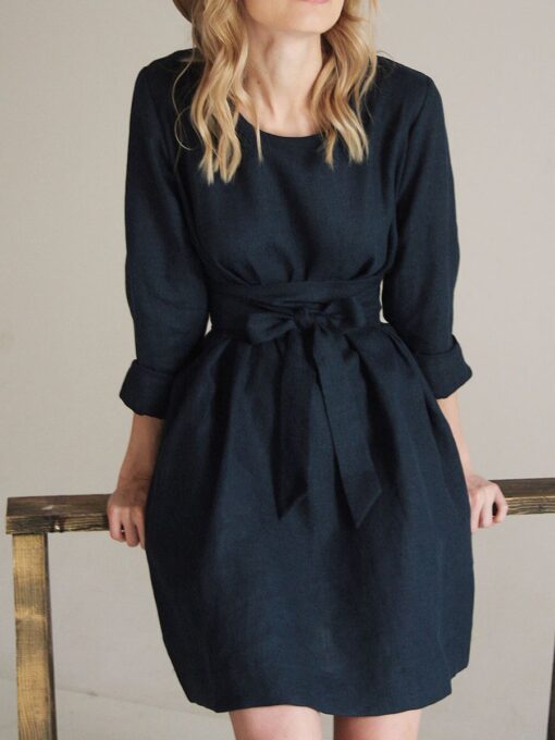 "Selena" Linen Navy Blue Mini Dress - Image 5