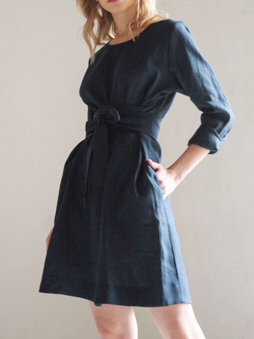 "Selena" Linen Navy Blue Mini Dress - Image 6