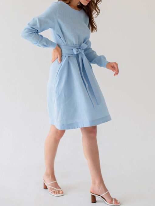 "Selena" Linen Sky Blue Mini Dress - Image 2