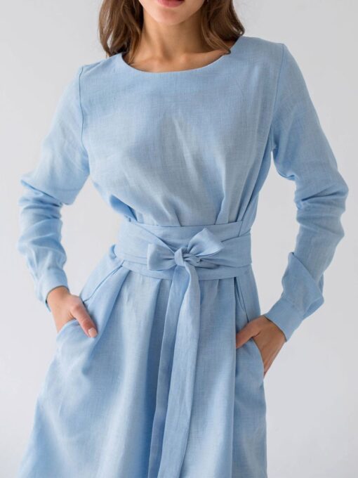 "Selena" Linen Sky Blue Mini Dress - Image 3