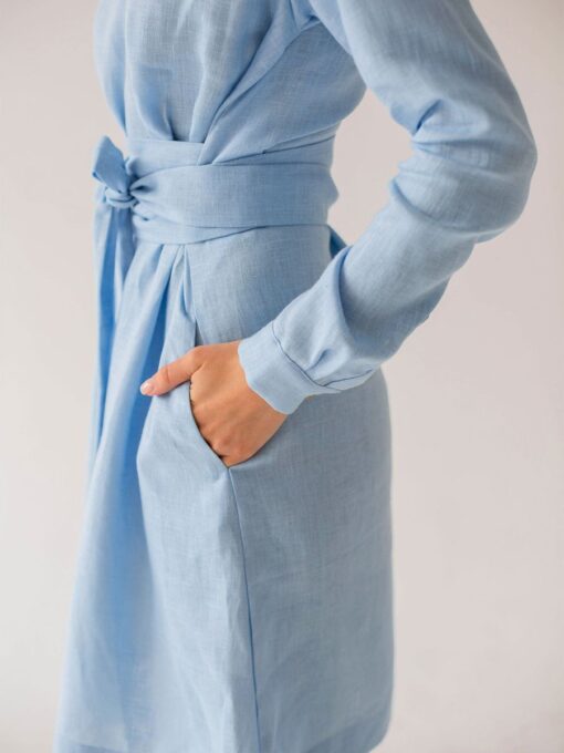 "Selena" Linen Sky Blue Mini Dress - Image 4