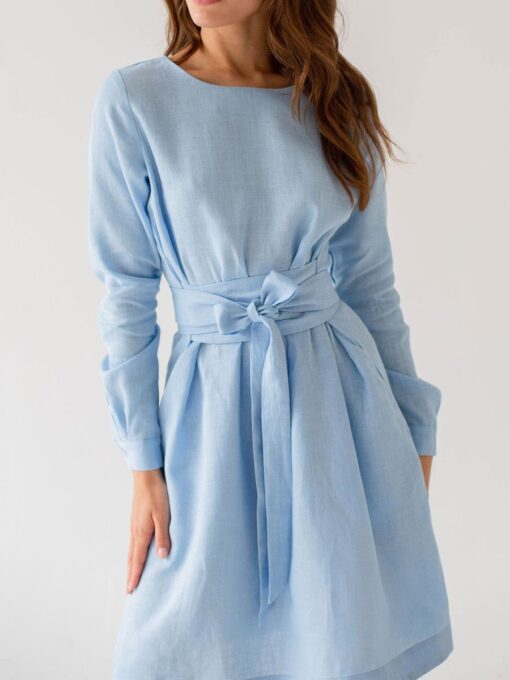 "Selena" Linen Sky Blue Mini Dress - Image 6