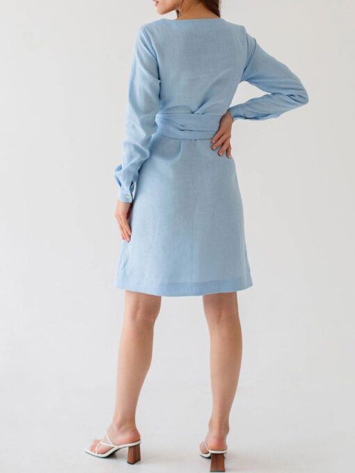 "Selena" Linen Sky Blue Mini Dress - Image 7