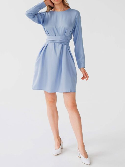 "Selena" Linen Sky Blue Mini Dress - Image 4